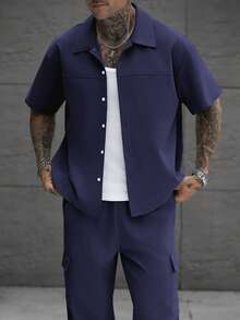 SLATEMANN 男士純色短袖單排扣襯衫與工裝褲休閒套裝 - 藏蓝色 - 查看 5