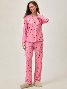 SHEIN Women 2 Pcs Pink Button Front With Striped&Heart Pattern Homewear Cute Pajama Set - Pink - View 4