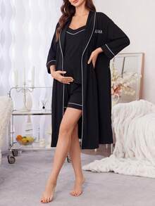 Moonlight&Mama Setelan Pakaian Santai Wanita Kasual 3 Potong: Celana Pendek Camisole Bordir Huruf + Jubah - Hitam - View 5