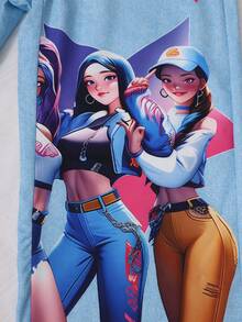 SHEIN 青少年女孩甜酷風粉色蝴蝶結網紗不對稱單肩短版波羅衫，內搭白色細肩帶背心，搭配丹寧藍星印寬腿褲，3件套，修身嘻哈風休閒套裝，返校穿搭 - 粉色 - 查看 10