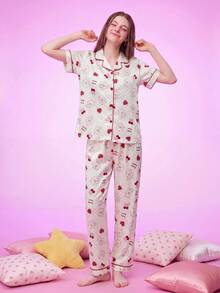 Provexi Provexi Women's All-Over Print Short Sleeve Top And Long Pants Casual Cute Daily Lounge Home Sleepwear Set Red And White Autumn - Multicolor - View 1