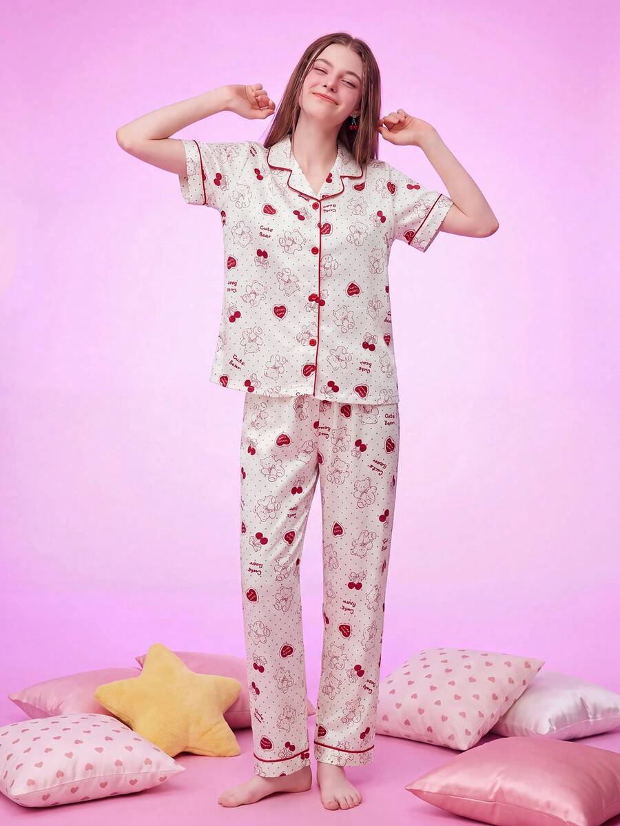Provexi Provexi Women's All-Over Print Short Sleeve Top And Long Pants Casual Cute Daily Lounge Home Sleepwear Set Red And White Autumn - Multicolor - View 1