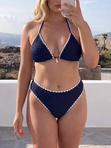 SHEIN Swim Set Bikini Wanita Elegan 2 Potong Warna Polos Ukuran Plus Musim Semi/Panas Terbaru 2026, Cocok untuk Liburan di Pantai - Biru - View 5
