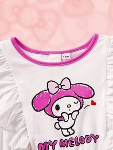 HELLO KITTY AND FRIENDS | SHEIN Baby Girl Cartoon And Letter Graphic Ruffle Trim Romper - White - View 3