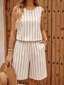 EMERY ROSE Conjunto de 2 piezas de camiseta sin mangas y pantalones cortos tipo bermuda estampados para mujer - Multicolor - Ver 5
