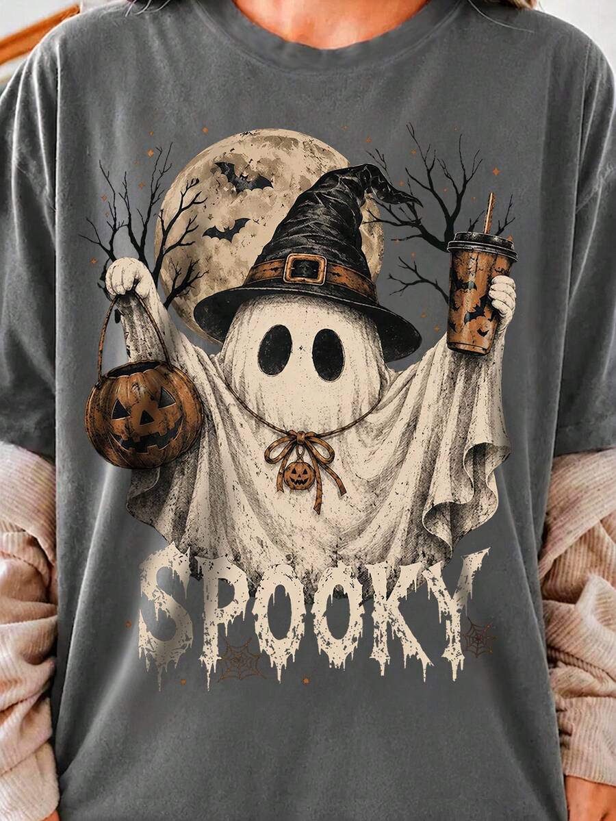 EMERY ROSE Vintage Wizard Hat Ghost Coffee Pumpkin Barrel Print Plus-Size Short Sleeve T-Shirt Halloween Spooky - Grey - View 1