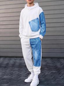 SHEIN 2件組兒童青少年男孩休閒日常百搭舒適丹寧效果印花圓領寬鬆長袖衛衣與鬆緊收口寬鬆運動褲針織衛衣套裝 - 白色 - 查看 3