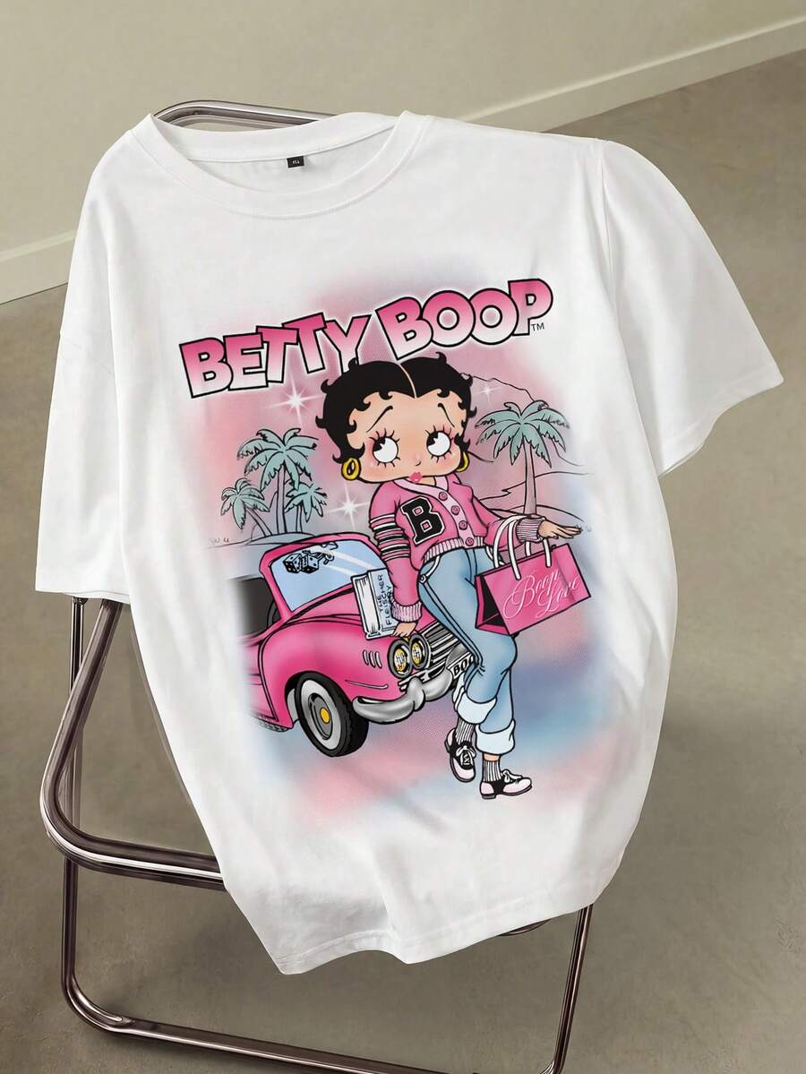 Betty Boop x SHEIN 大尺碼女款字母印花圓領短袖休閒T恤 - 白色 - 查看 1