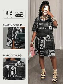 SHEIN CURVE+ 大尺碼女款標語印花休閒日常商務洋裝 黑白配色 2026秋冬 22W - 黑與白 - 查看 2
