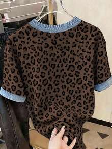 Resyla Plus Size Leopard Print Graphic T-Shirt, Summer , Fashion Gift For Sisters, Gift For Moms, Casual Minimalist Style Top - Multicolor - View 2