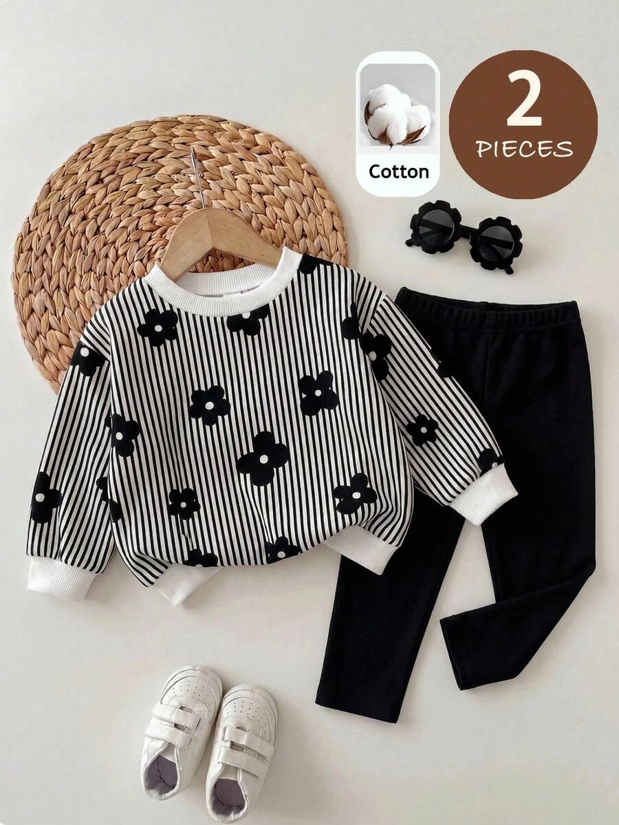 SHEIN Baby Girl Striped Floral Print Sweatshirt & Solid Color Pants Set - Black and White - View 1