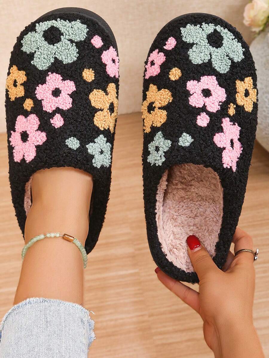 Fashionable, Cute Flower Pattern, Soft And Comfortable Home Slippers, Warm Slippers, Winter Women's Shoes - Black - View 1