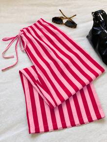 SHEIN EZwear 女款休閒腰部綁帶直筒長褲，適合夏季 - 粉色 - 查看 6