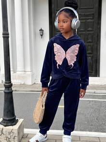 SHEIN Elladie kids Setelan Kasual Sehari-hari 2 Potong untuk Anak Perempuan: Atasan Lengan Panjang Berkerudung dan Celana Motif Kupu-kupu - Navy Blue - View 4