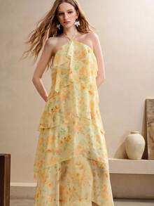 SHEIN Holidaya Vestido de vacaciones con cordones estampado, suelto, sin mangas, tirantes finos, camisola floral, playa, naranja, verano, tropical, bohemio - amarillo ganso - Ver 5