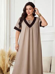 Al Najma Plus Size Women's Contrast Color Button Design Short Sleeve Arabic Style Hijab Modest Dress Egypt Holiday Evening Morocco Holiday Wedding Beige Summer - Khaki - View 7