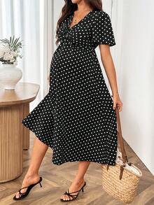 SHEIN 孕婦波點V領短袖優雅洋裝 - 黑色 - 查看 5