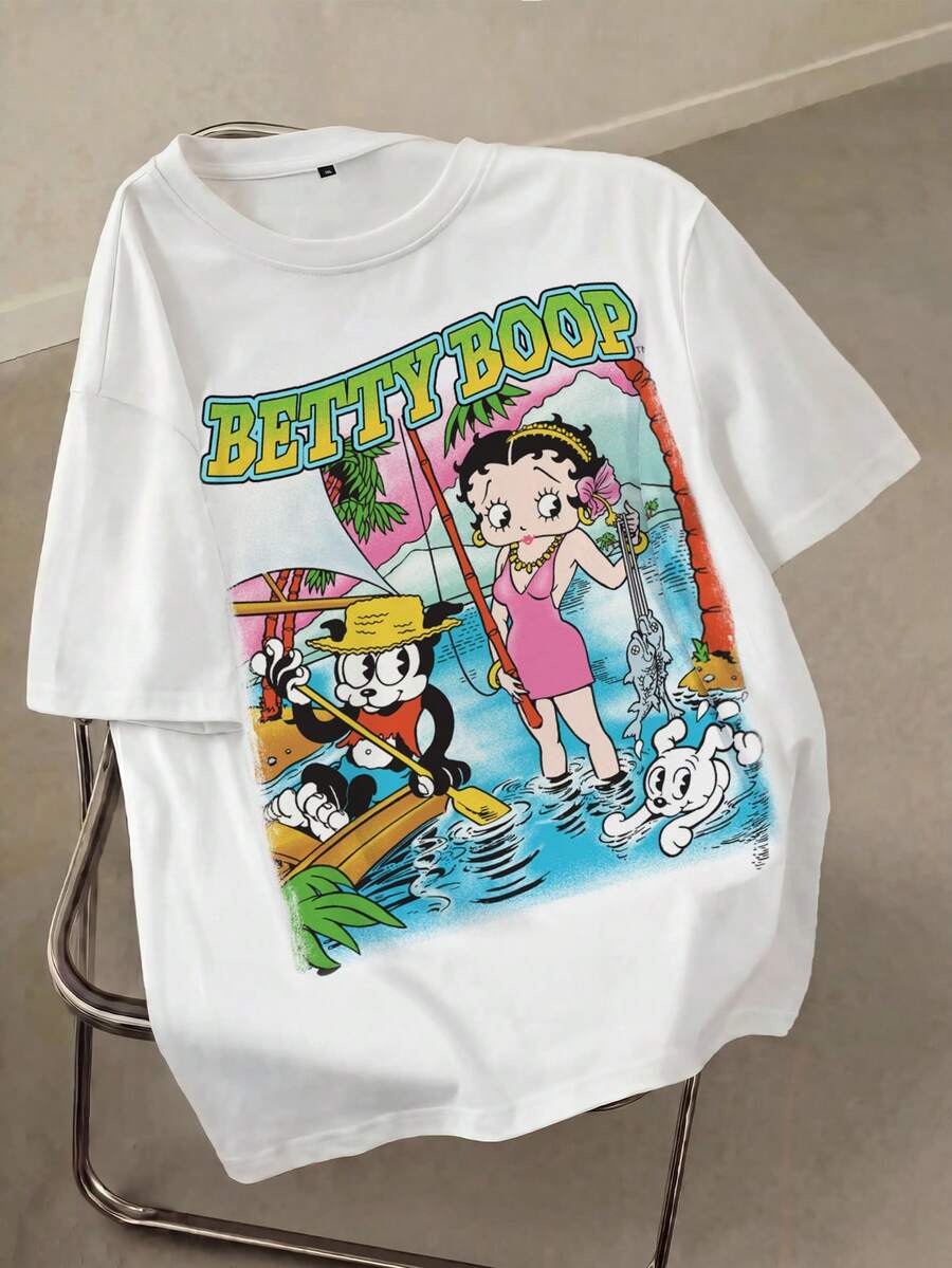 Betty Boop x SHEIN 大尺碼女款動漫文字印花休閒簡約短袖T恤 白色夏季度假居家穿搭 - 白色 - 查看 1