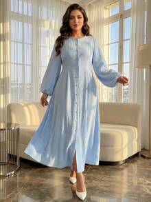 SHEIN Lady CURVE Plus Size Solid Color Lantern Sleeve Front Button Dress Evening Formal Birthday Light Blue Autumn Elegant Fall - Blue - View 5