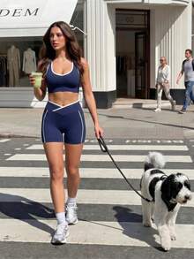 Gameset SHEIN Sport Seamless Sports Halter Neck Bra With Criss-Cross Waist Contrast Color Shorts - Navy Blue - View 9