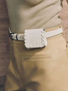 Opalesca Minimalist Style White Pin Buckle Belt Small Bag Set, Open Thread Sewn Mini Square Fanny Pack Integrated Thin Belt, Korean Niche Matching Dress Jeans - White - View 5