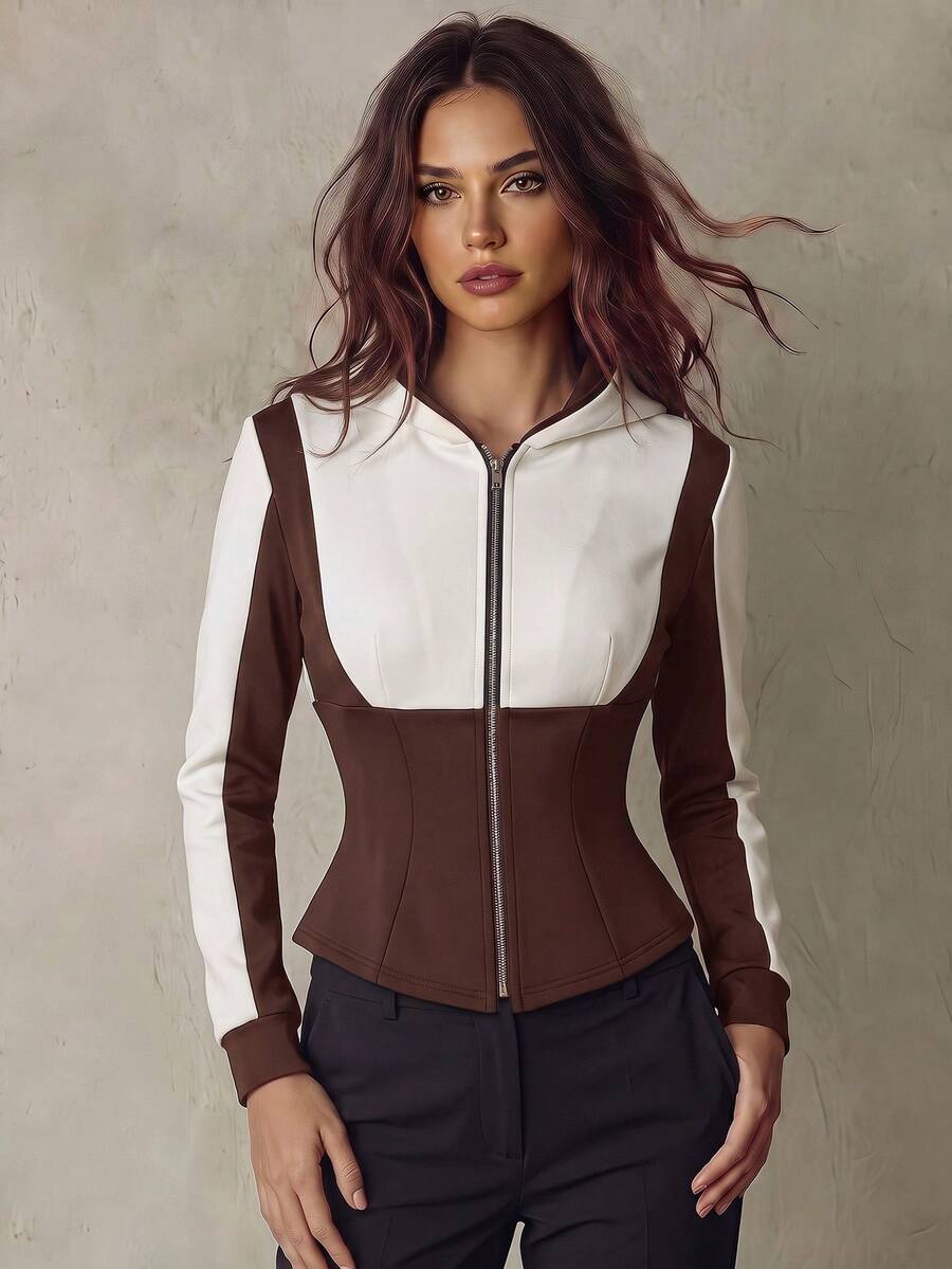 Franclia Casual Hooded Long Sleeve Knitted Short Coat For Women With Colorblock Design And Zipper - Brown - View 1