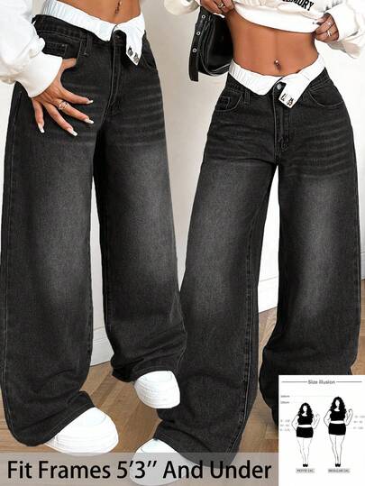 SHEIN PETITE CURVE Plus Size Women's Folded Waist Pocket Wide Leg Loose Casual Denim Jeans