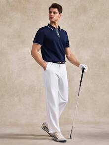 Courvante Men's Contrast White Trim Mesh Knit Polo Shirt Short Sleeve Breathable Slim Fit Business Casual Navy Top For Daily Office Wear - Navy Blue - View 2