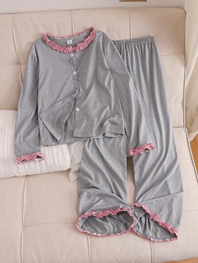 Women's Fashion Casual Comfortable Milk Silk Fabric Long Sleeve Long Pants Lotus Trim Loungewear Set Autumn/Winter