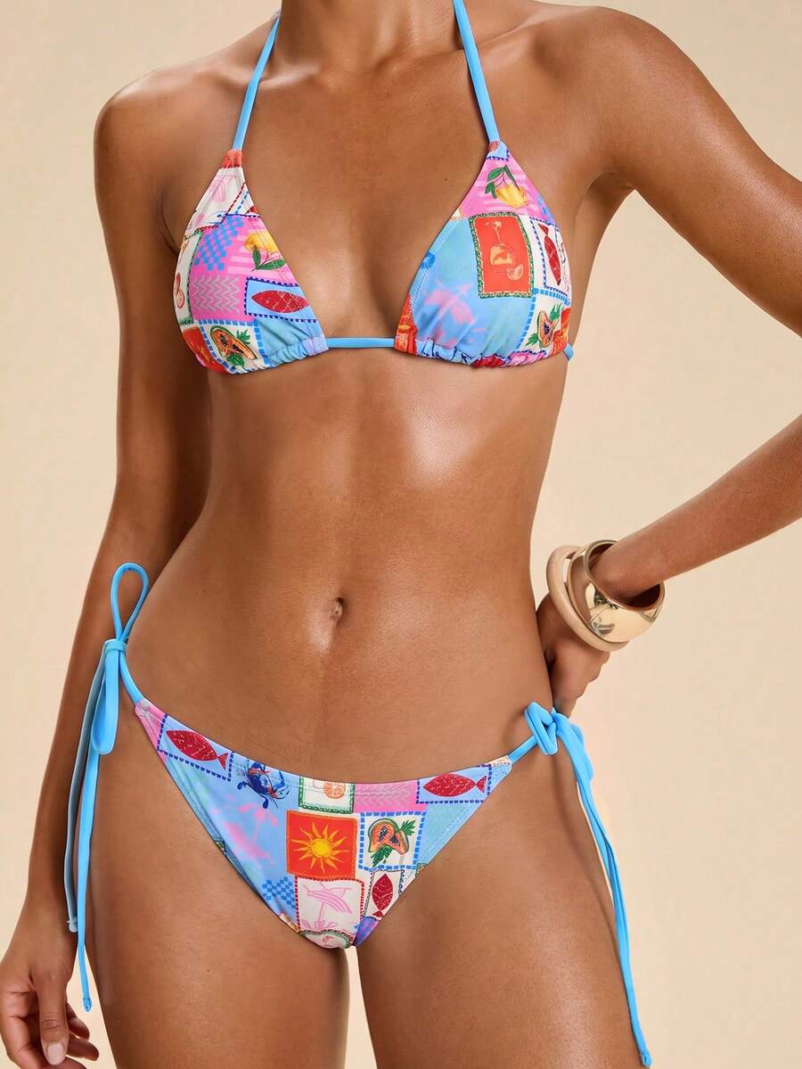 Travachic 女款夏季海灘水果印花掛脖綁帶性感時尚比基尼兩件式泳衣套裝 - 彩色 - 查看 1