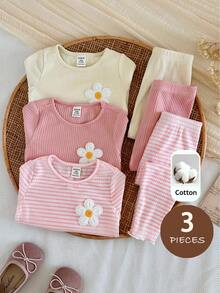 SHEIN 幼兒女童 3 件組柔軟羅紋長袖上衣，休閒基礎圓領上衣 - 彩色 - 查看 4