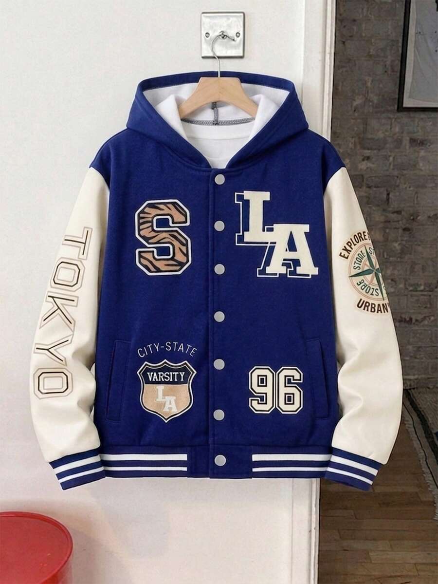 SHEIN 1件男童春秋款海軍藍與奶油色拼色美式學院風 LA 字母印花連帽棒球夾克,寬鬆版型,舒適,適合日常穿著、校園活動、休閒外出、運動聚會、拍照拍攝 - 彩色 - 查看 1