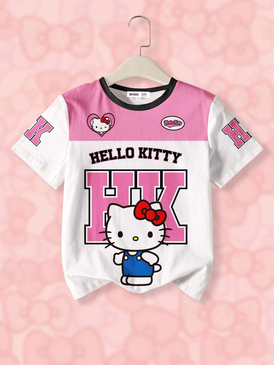 HELLO KITTY AND FRIENDS | SHEIN 青少年女孩卡通文字图案圆领短袖舒适休闲运动T恤,夏季 - 白色 - 查看 1