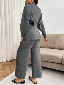 SHEIN Maternity Solid Color Round Neck Top And Long Pants Casual Dressy Daily Knit Set Autumn Formal Home Wear Grey - Grey - View 8