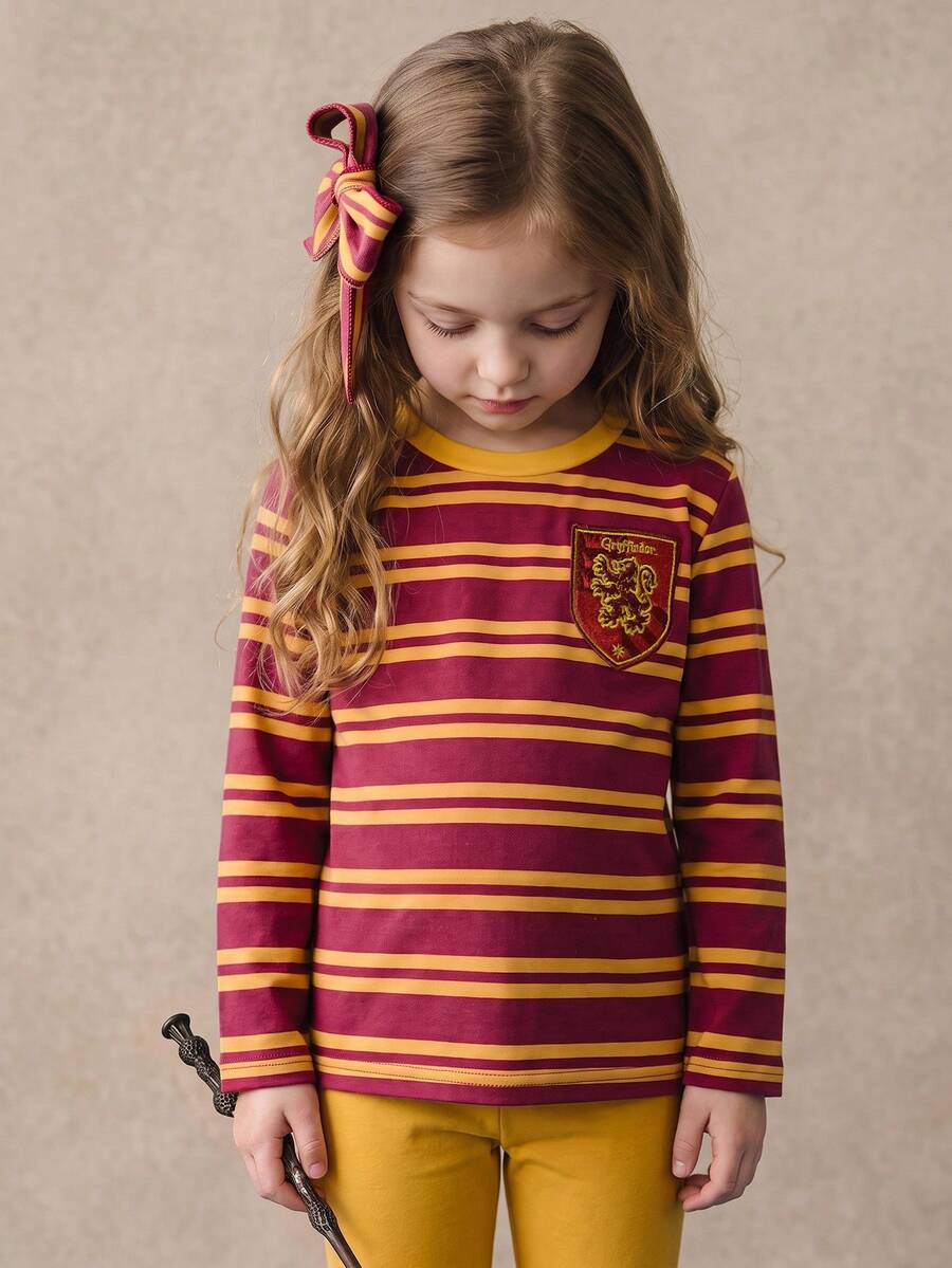 PrepCrw HARRY POTTER X SHEIN 女童對比色黃色圓領刺繡貼布長袖T恤 寬鬆舒適面料 萬聖節秋季婚禮花童穿搭 - 彩色 - 查看 1