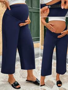 SHEIN Maternity High Waist Solid Color Casual Pants For Vacation - Navy Blue - View 9