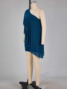 Aloruh Women's Solid Color One Shoulder Casual Party Mini Dress - Teal Blue - View 9