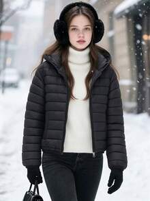 SHEIN Jaket Kasual Minimalis Serbaguna Mudah Dipakai untuk Remaja Perempuan, Berkerudung, Cocok untuk Musim Gugur/Dingin, Sesuai untuk Jalan-jalan dan Berpergian, Gaya Serbaguna - Hitam - View 10