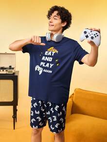 Notgurli Men's Letter Print Short Sleeve T-Shirt And Shorts Loungewear Set - Multicolor - View 1