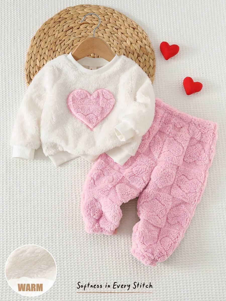 Cozy Pixies 2件組幼女服飾,舒適百搭時尚,日常可愛休閒極簡基本款,毛絨愛心圖案紋理,秋冬季節適用,適合多種場合,戶外滑雪、返校、運動、派對、假日,保暖套裝居家服 - 淺粉色 - 查看 1