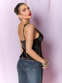 Dania Mndz Shop Black Satin Contrast Lace Bodycon Tank Top For Women, Valentine's Day, Birthday Party Night For Women, Top Summer Casual - Black - View 4