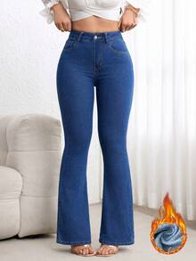SHEIN ICON Casual Washed Slim Fit Flare Leg Denim Jeans - Blue - View 7