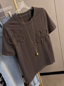 Resyla 女款夏季休閒 3D 花卉裝飾 T-shirt - 摩卡棕 - 查看 4
