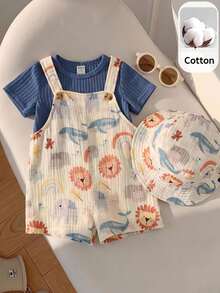 SHEIN 2pcs/Set Baju Bayi Laki-laki Motif Kartun Lucu & Celana Pendek Overall, Baju Lengan Pendek Lucu & Celana Pendek dengan Suspender - MultiWarna - View 3