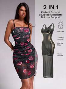 Nuvra Women's 2-In-1 Sleeveless Mesh Floral Fitted Butt-Lifting Sexy Long Dress - Multicolor - View 7