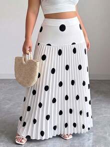 Elenzga Plus Size Women's Woven Regular Fit French Elegant Date Commute Pleated Colorblock Black Polka Dot Skirt, Summer/Autumn Fall - Black and White - View 3