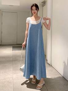 DAZY Women's Denim Casual Slip Dress, Simple & Fashionable For Daily Wear Sundress Maxi Dress - Medium Wash - View 7