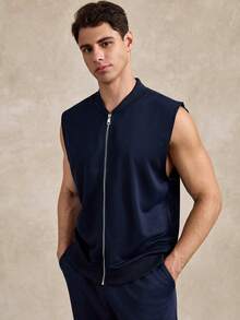Men's Solid Color Zip-Up Vest And Pants Set - Navy Blue - View 4