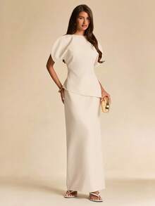 SHEIN BAE Spring/Summer Solid Cream White Petal Sleeve Blouse Elegant Skirt 2 Pieces Set For Women Wedding Formal Christening - Apricot - View 4