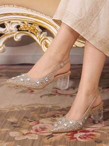 CUCCOO TILAWA Women's Crystal And Glass Rhinestone Pointed Light Gold High-Heeled Shoes, Suitable For Going Out, Banquets, Parties And Other Activities - Light gold - View 8